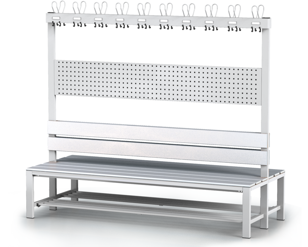 Oboustranná lavice s opěradlem a věšáky, PVC latě - se sklopným roštem 1800 x 2000 x 830